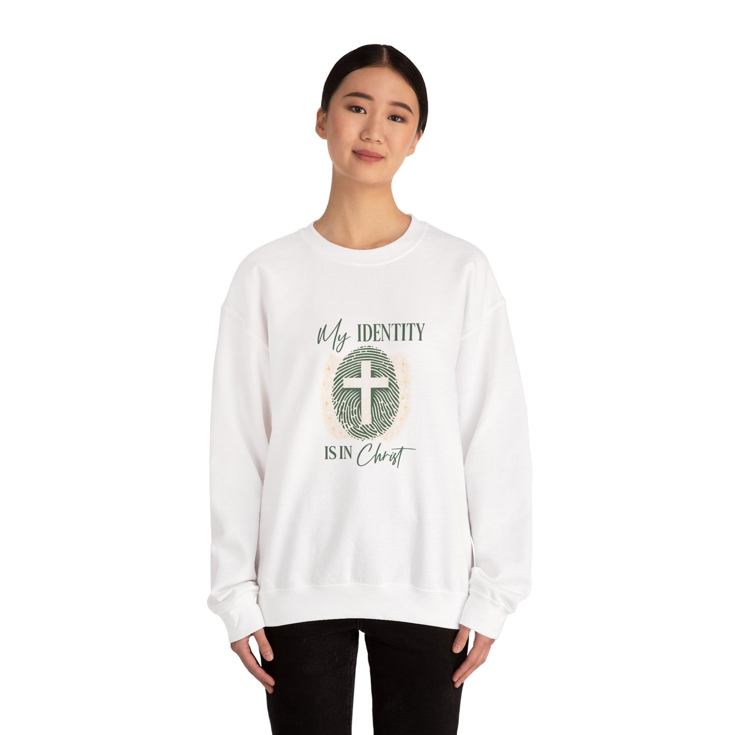 Christian Crewneck Sweatshirt — "My Identity Is in Christ" Cross & Fingerprint Design