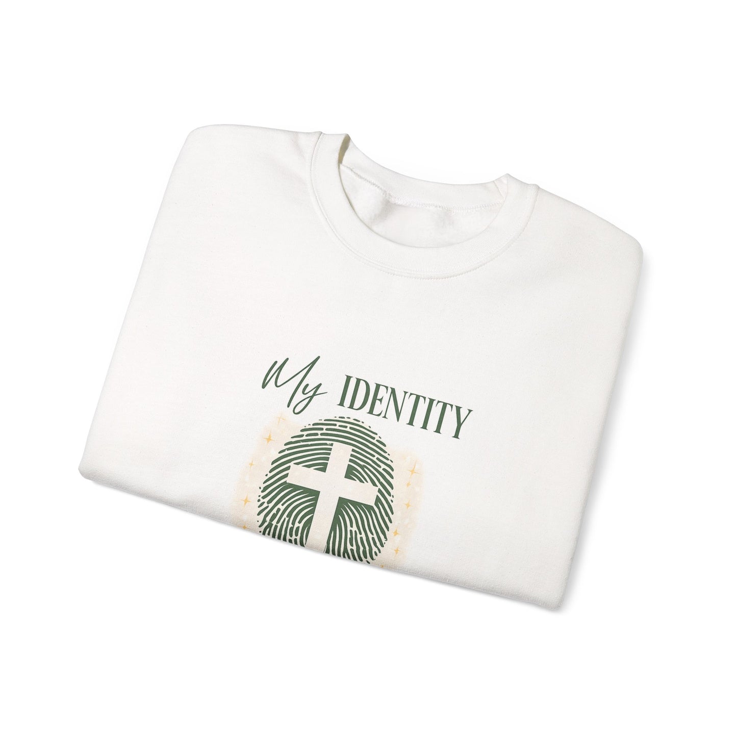 Christian Crewneck Sweatshirt — "My Identity Is in Christ" Cross & Fingerprint Design