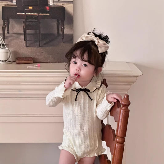 LilyLuxe™ Knitted Baby Girl Jumpsuit – Elegant Lotus Collar Sweater Romper for Spring & Autumn
