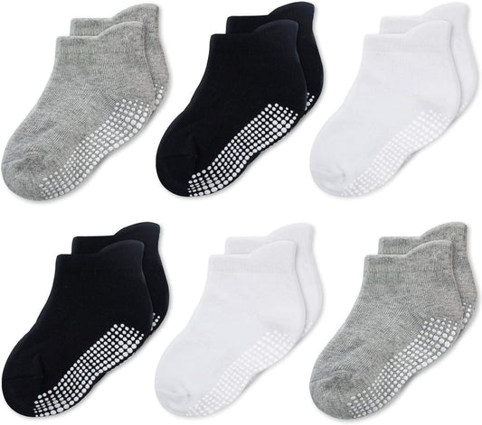 Baby & Toddler Socks with Grippers Non Slip Ankle Grip Socks for Boys and Girls - Comfy Soft Cotton - 6 Pack
